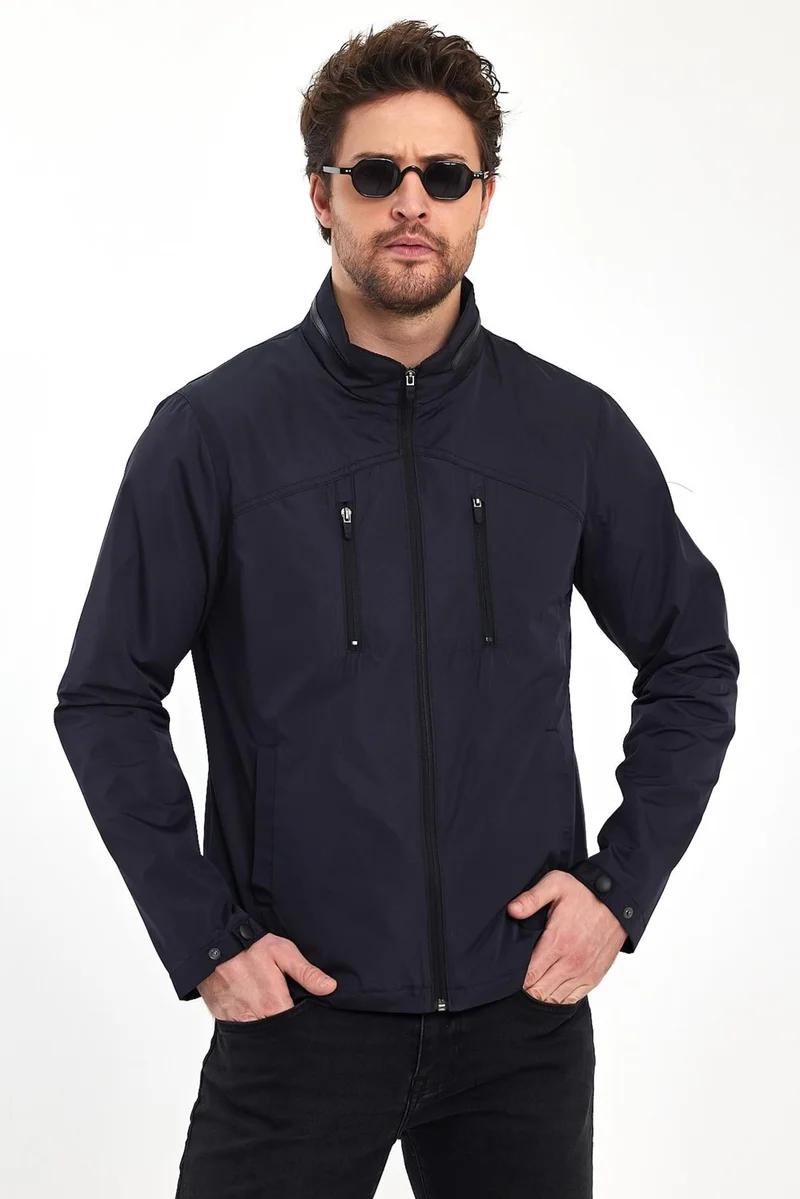 سيفيست Men's Navy Blue Stand Collar Multi-Pocket Water and Wind Repellent Seasonal Coat & Jacket