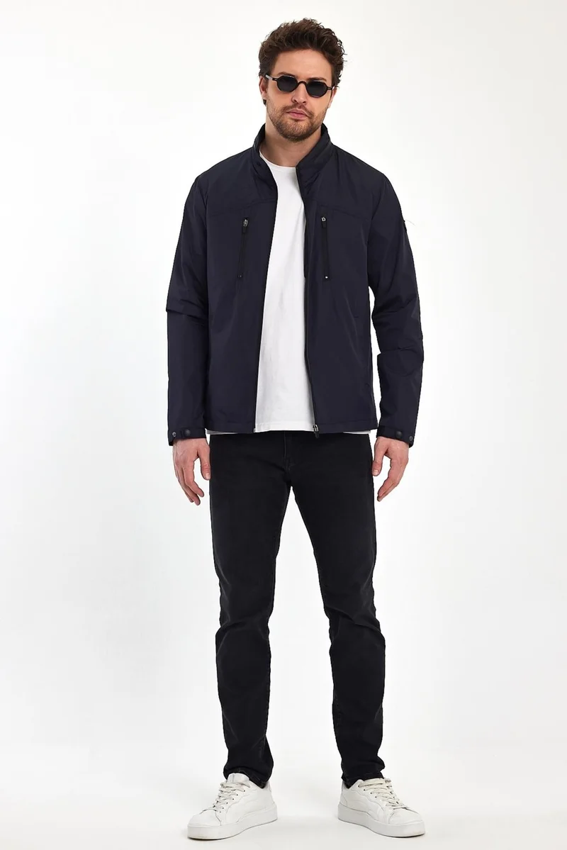 سيفيست Men's Navy Blue Stand Collar Multi-Pocket Water and Wind Repellent Seasonal Coat & Jacket