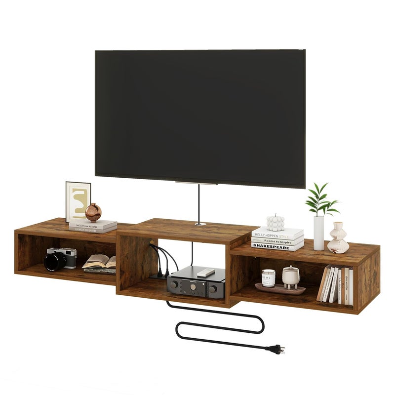 IBUYKE Floating TV Stand Wall Mounted with Power Outlet,Wood Wall Mounted Media Console Shelf,Floating Entertainment Center for Under TV Storage for Living Room Bedroom Office,Rustic Brown WST001H - Image 1