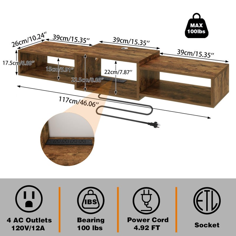 IBUYKE Floating TV Stand Wall Mounted with Power Outlet,Wood Wall Mounted Media Console Shelf,Floating Entertainment Center for Under TV Storage for Living Room Bedroom Office,Rustic Brown WST001H - Image 3