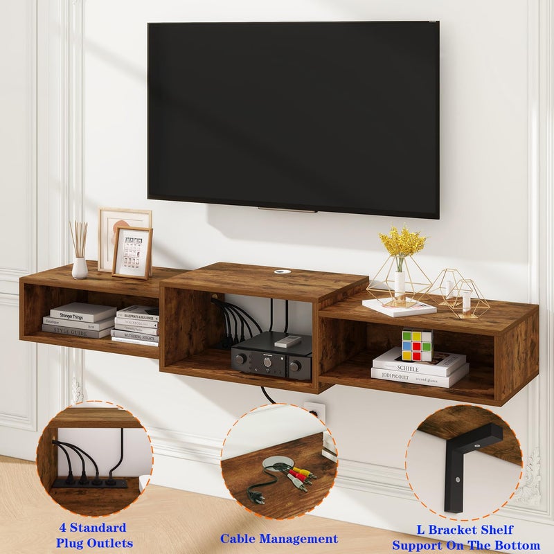 IBUYKE Floating TV Stand Wall Mounted with Power Outlet,Wood Wall Mounted Media Console Shelf,Floating Entertainment Center for Under TV Storage for Living Room Bedroom Office,Rustic Brown WST001H - Image 5