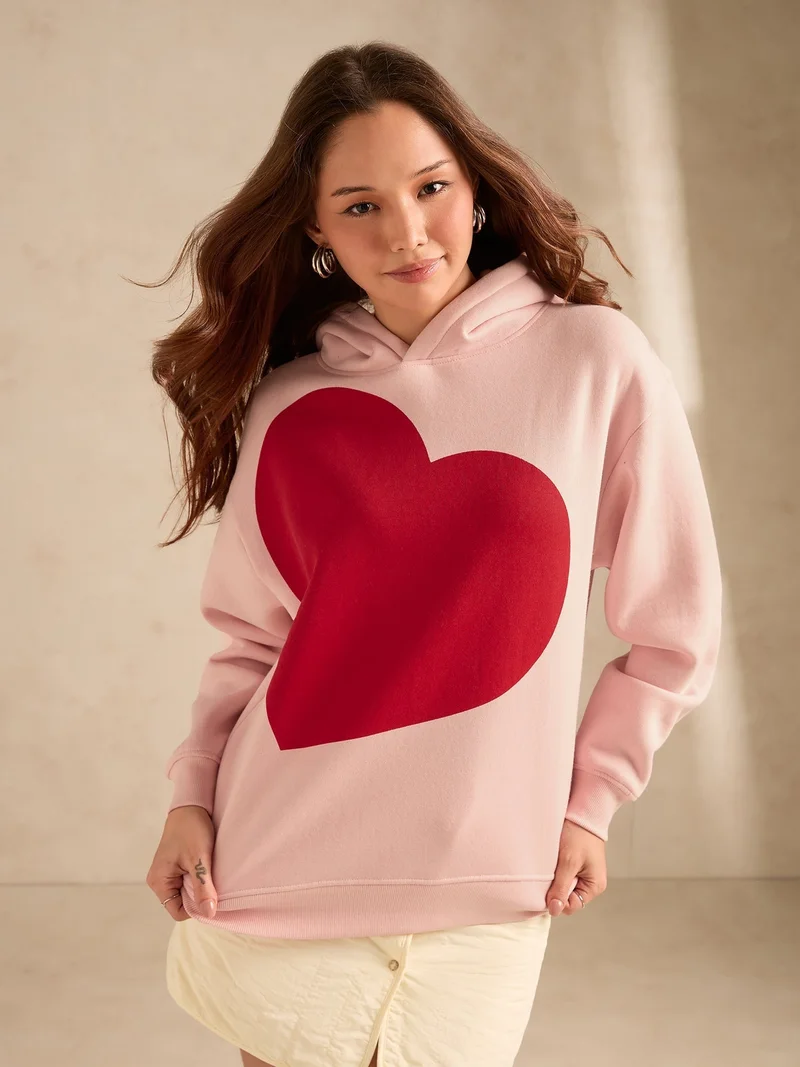 OUTZIDR Pink Oversized Fleece Hoodie With Bold Heart Graphic