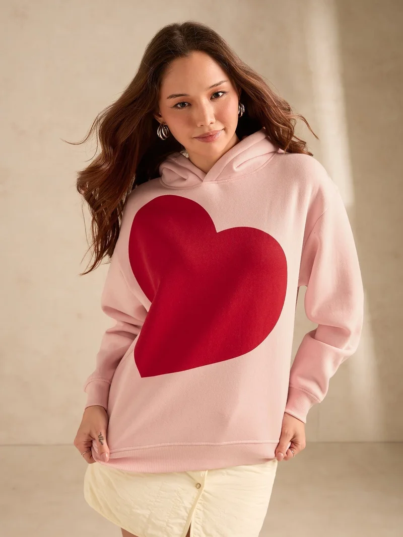 Outzidr  Pink Oversized Fleece Hoodie With Bold Heart Graphic for Women | Best Price UAE