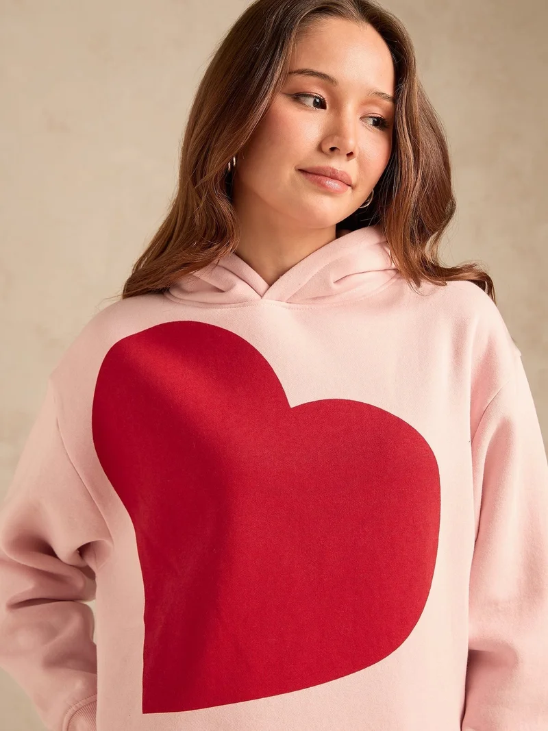 Outzidr Pink Oversized Fleece Hoodie With Bold Heart Graphic