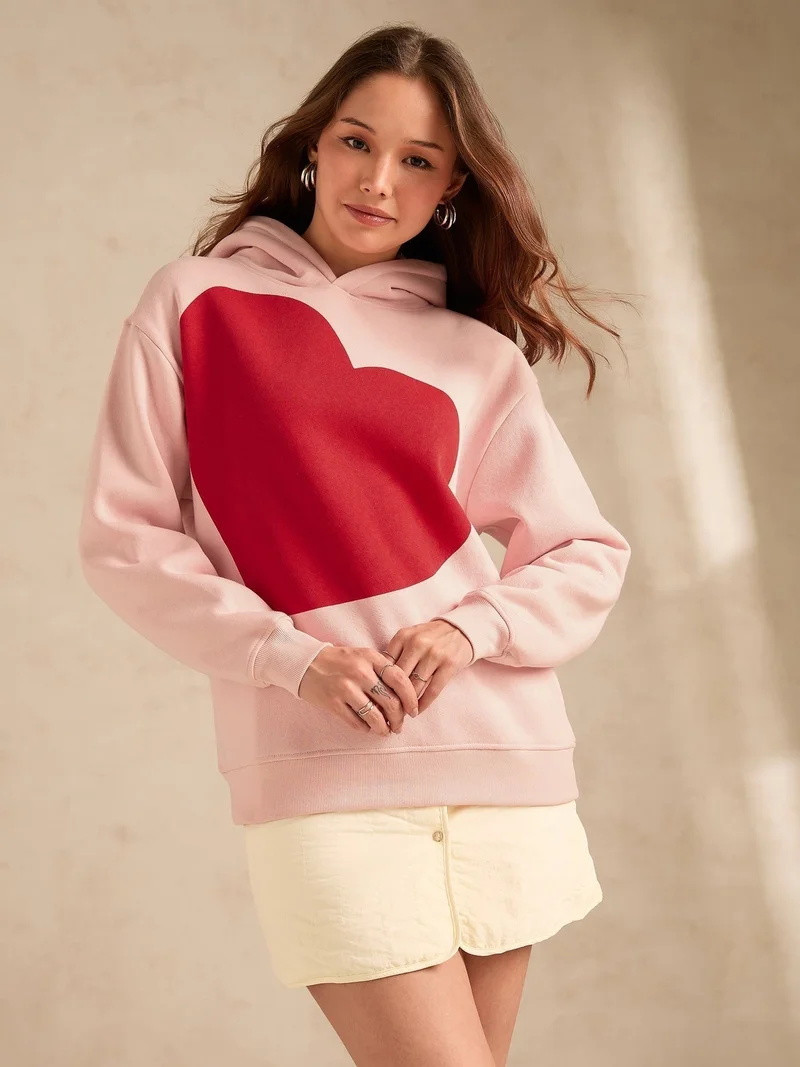Outzidr Pink Oversized Fleece Hoodie With Bold Heart Graphic