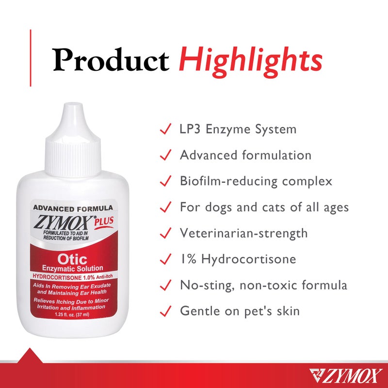 Zymox Advanced Formula Otic Plus Enzymatic Ear Solution for Dogs and Cats with 1% Hydrocortisone, 1.25oz - Image 3