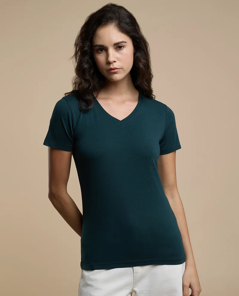 أر أند بي Solid T-Shirt With V-Neck And Short Sleeves