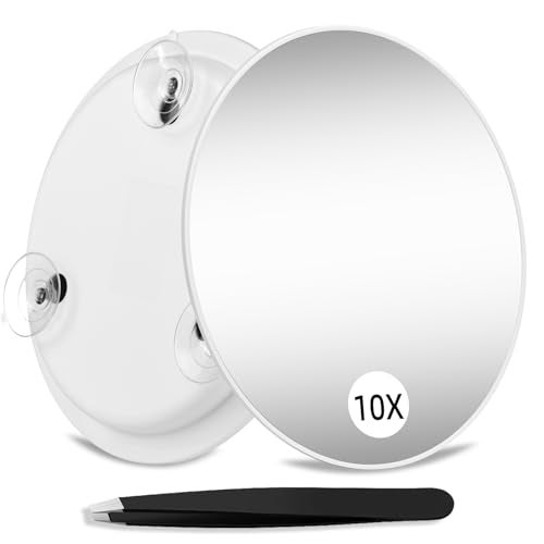 Suupvaor Magnifying Mirror 10X with Suction Cups, 6inch Travel 10X Magnified Mirror Large Round Makeup Mirror with High Magnification, Make up Mirror with Tweezers Sets - Image 1