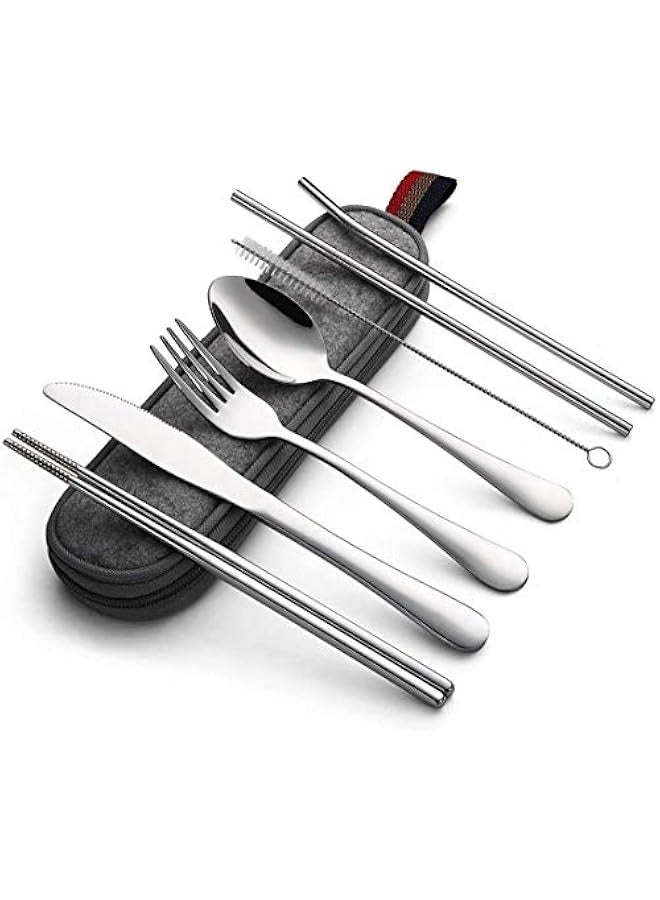 Generic SooFam Stainless Steel Portable Travel Camping 8-Piece Cutlery Set, Including Knife Fork Spoon Chopsticks Cleaning Brush Straws (Portable Silver) - Image 1