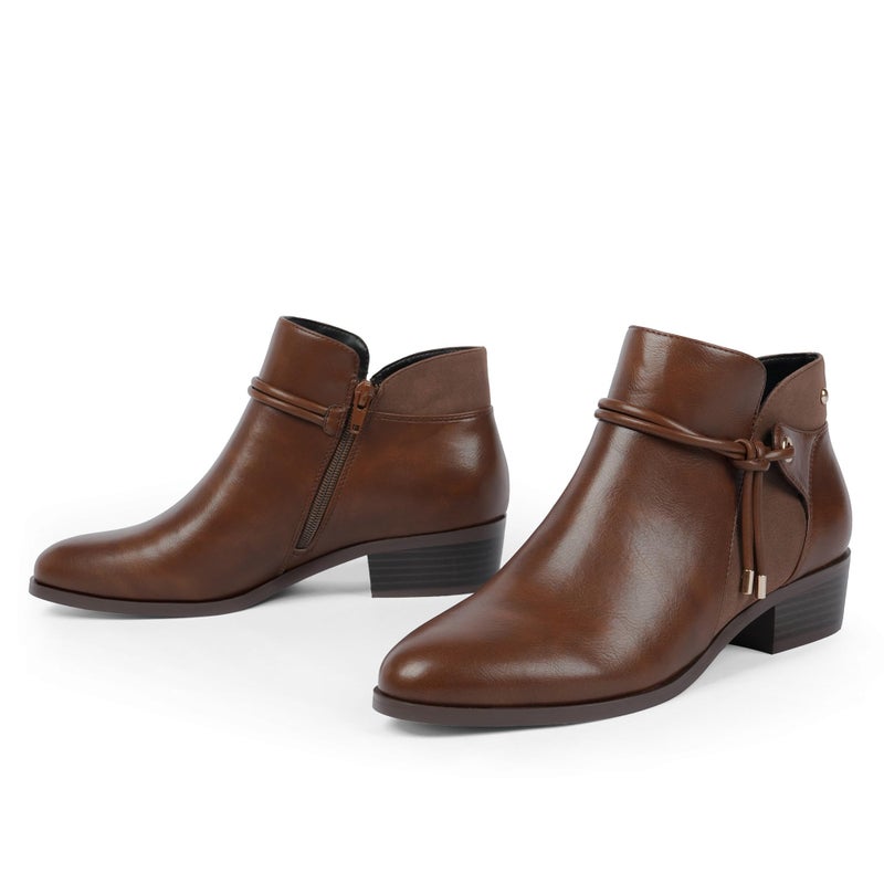QIY Ankle Boots for Women Low Heel Brown Booties Flat Chunky Heel Boots Round Toe Faux Leather Short Heeled Ladies Dress Fall Boot for Women 2025 Size 6 - Image 4