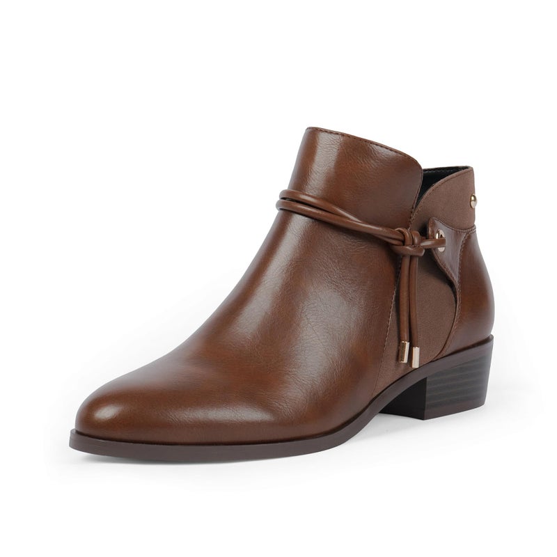 QIY Ankle Boots for Women Low Heel Brown Booties Flat Chunky Heel Boots Round Toe Faux Leather Short Heeled Ladies Dress Fall Boot for Women 2025 Size 6 - Image 1