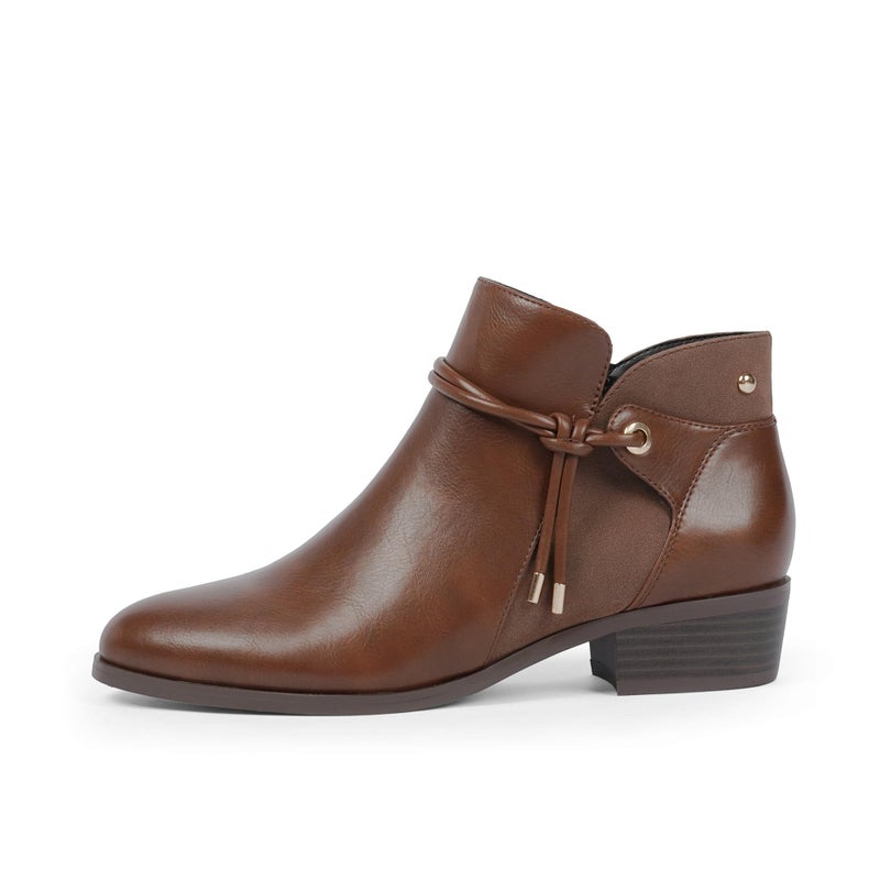 QIY Ankle Boots for Women Low Heel Brown Booties Flat Chunky Heel Boots Round Toe Faux Leather Short Heeled Ladies Dress Fall Boot for Women 2025 Size 6 - Image 3