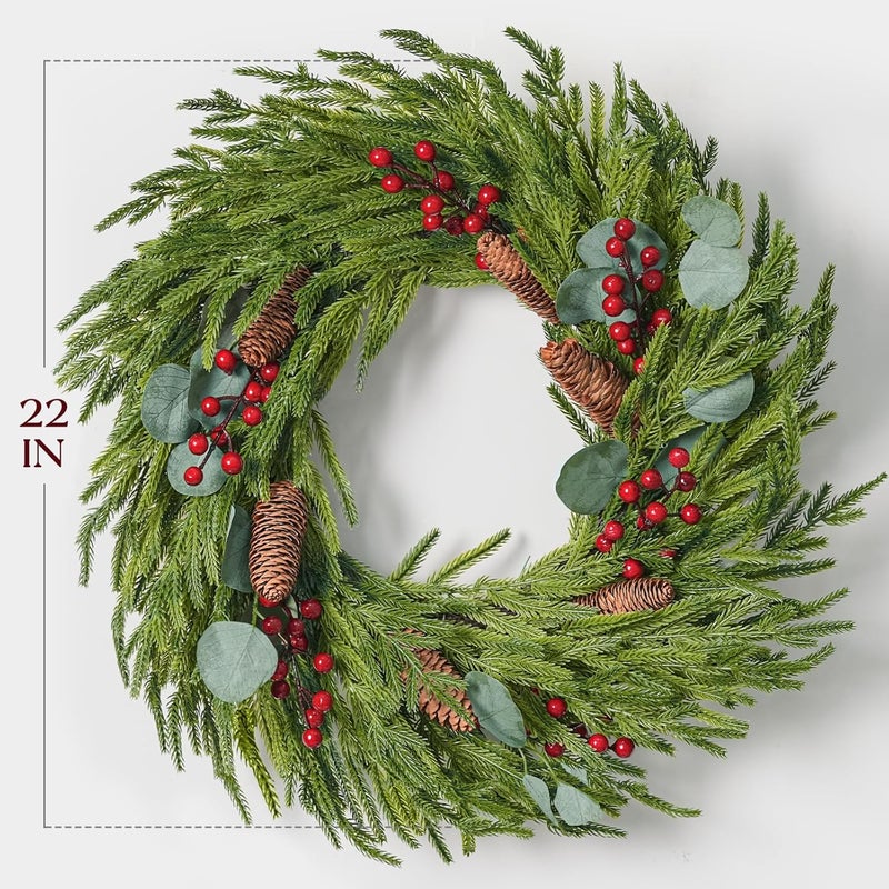 Zesua Christmas Decorations - 22 Inch Artificial Norfolk Pine Christmas Wreath with Pine Cones, Eucalyptus, and Red Berries Perfect for Front Door - Indoor Outdoor Holiday Decor for Mantle, Wall, Window - Image 3