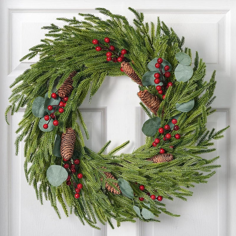 Zesua Christmas Decorations - 22 Inch Artificial Norfolk Pine Christmas Wreath with Pine Cones, Eucalyptus, and Red Berries Perfect for Front Door - Indoor Outdoor Holiday Decor for Mantle, Wall, Window - Image 1