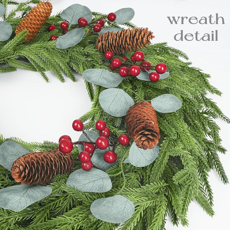 Zesua Christmas Decorations - 22 Inch Artificial Norfolk Pine Christmas Wreath with Pine Cones, Eucalyptus, and Red Berries Perfect for Front Door - Indoor Outdoor Holiday Decor for Mantle, Wall, Window - Image 2