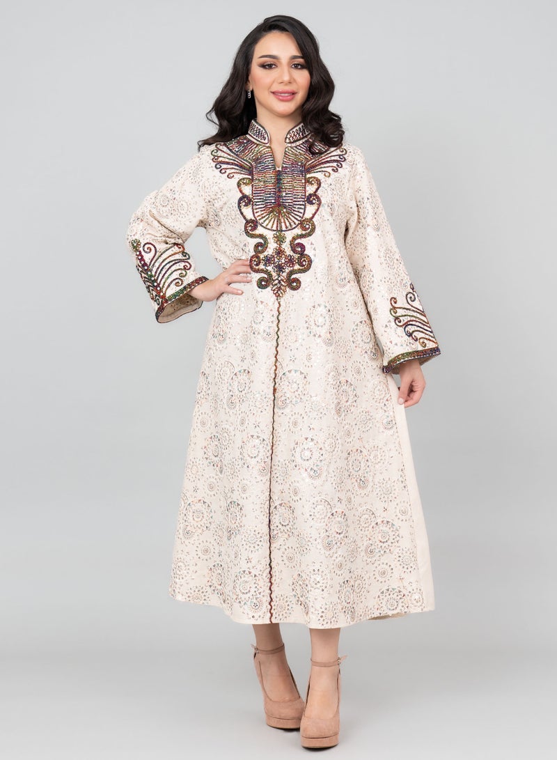 IKKXA Elegant Embroidered Linen Jalabiya IK1022 Beige - Image 1