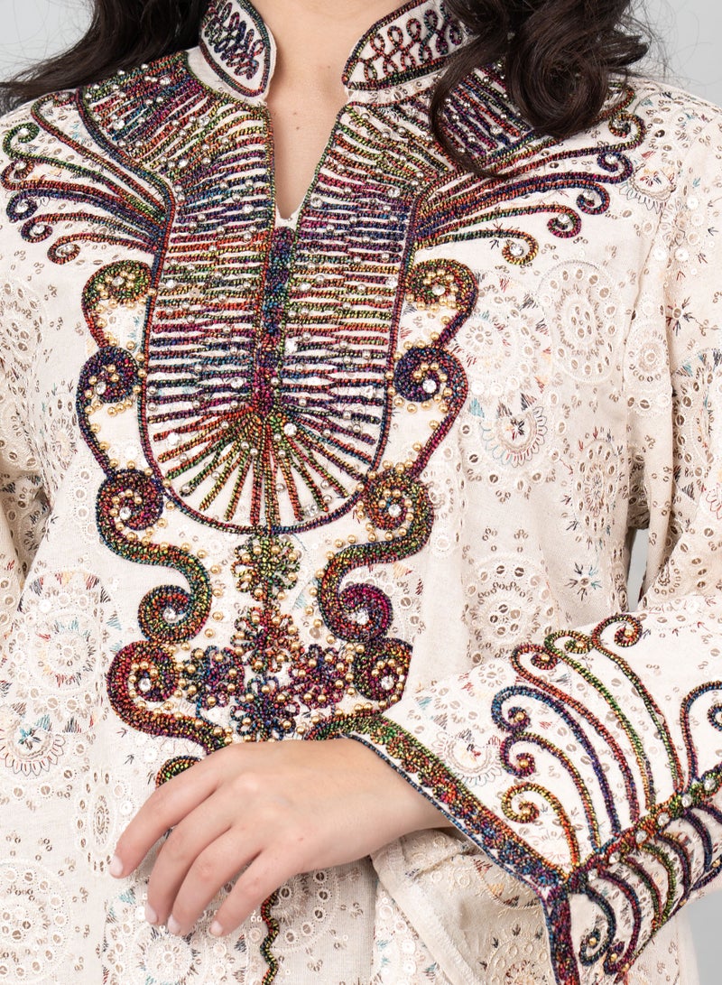 IKKXA Elegant Embroidered Linen Jalabiya IK1022 Beige - Image 2