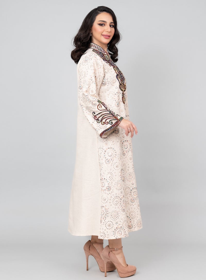 IKKXA Elegant Embroidered Linen Jalabiya IK1022 Beige - Image 3