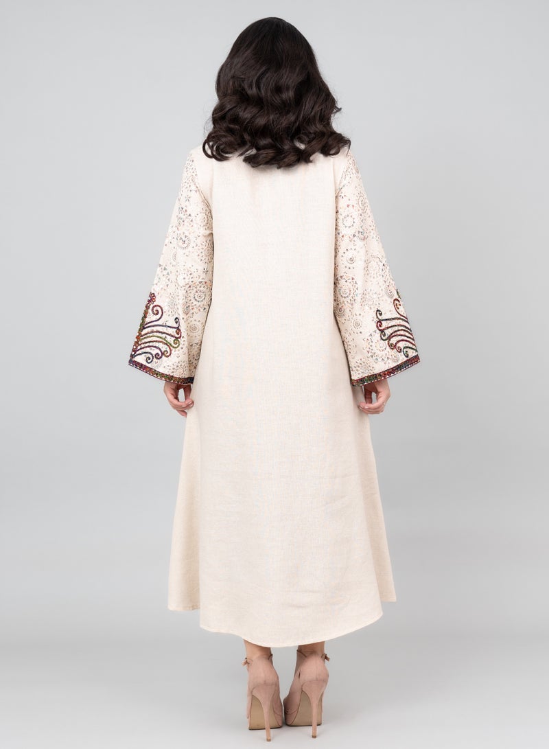 IKKXA Elegant Embroidered Linen Jalabiya IK1022 Beige - Image 4