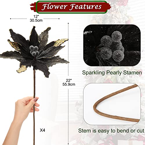 Briful 12 Large Heads Christmas Glitter Poinsettia Flowers Christmas Tree Ornaments Set of 4 Artificial Flowers with Long Stems for Xmas Tree Party DIY Holiday Decorations Black and Gold - Image 3