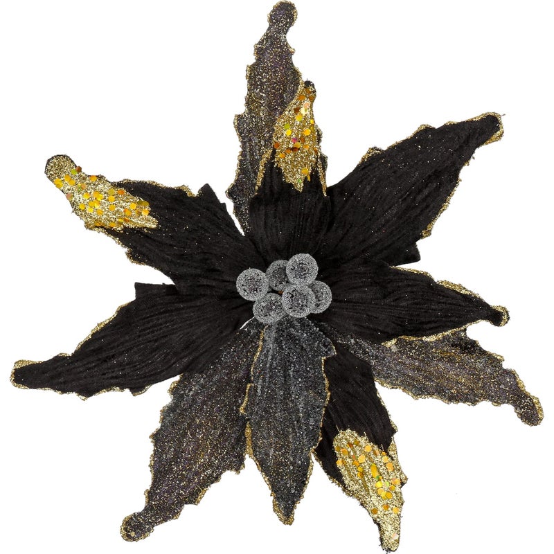 Briful 12 Large Heads Christmas Glitter Poinsettia Flowers Christmas Tree Ornaments Set of 4 Artificial Flowers with Long Stems for Xmas Tree Party DIY Holiday Decorations Black and Gold - Image 2