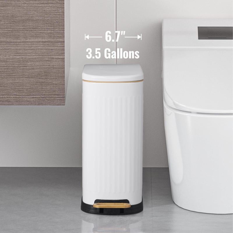 SYNCVIBE Slim Bathroom Trash Can with Soft Close Lid Stainless Steel Garbage Can Step Trash Bin with Removable Inner Bucket for Bedroom, Office, Kitchen (Matt White, 3.5 Gallons) - Image 2