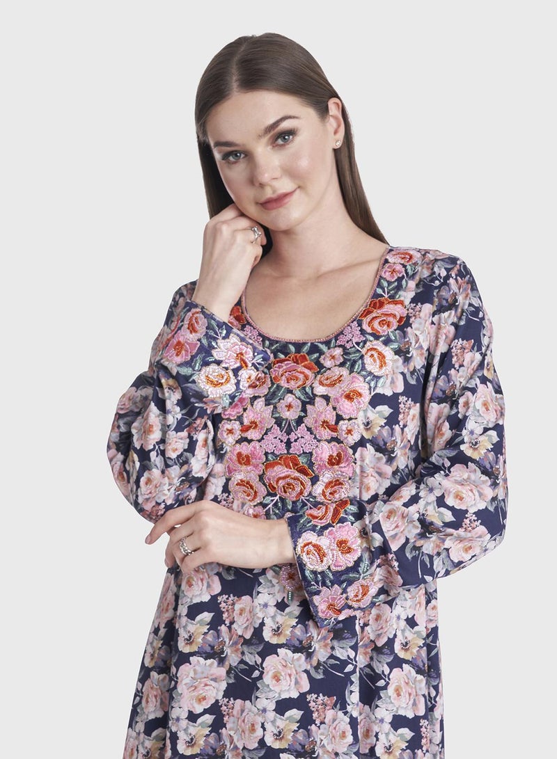 KASHKHA Digital Flower Print Mukhawar Stonework Jalabiya - Image 1