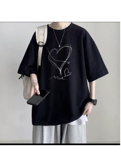New Loose-fit Cotton T-shirt Short Sleeves For Men Trendy Brand Hong Kong Style Half Sleeve Fat Person Tops Black (T141) Love