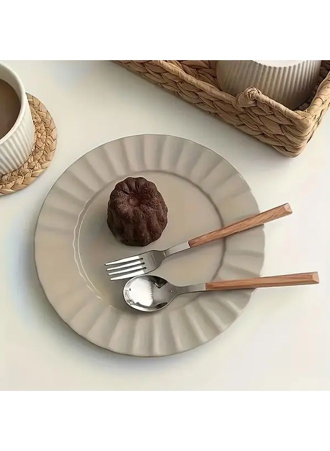 Silvery 8 Piece Stainless Steel Fork and Spoon Set With Wooden Handles - Image 2