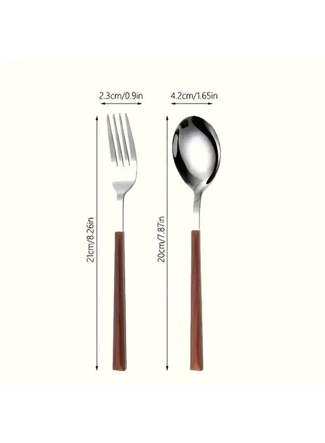 Silvery 8 Piece Stainless Steel Fork and Spoon Set With Wooden Handles - Image 3
