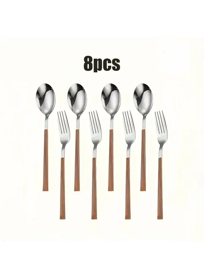 Silvery 8 Piece Stainless Steel Fork and Spoon Set With Wooden Handles - Image 1