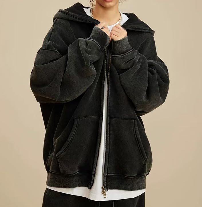 Dynict Men's Zip-Up Hoodies Solid Hip-Hop Y2K Oversize Wash Old Craft Basic Hoodies Heavyweight Casual Fit Sweatshirt (Black,Large) - Image 2