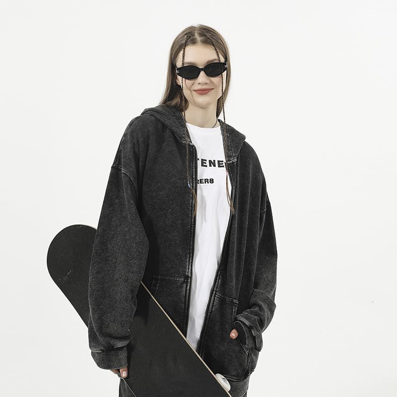 Dynict Men's Zip-Up Hoodies Solid Hip-Hop Y2K Oversize Wash Old Craft Basic Hoodies Heavyweight Casual Fit Sweatshirt (Black,Large) - Image 3