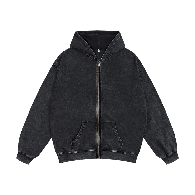 Dynict Men's Zip-Up Hoodies Solid Hip-Hop Y2K Oversize Wash Old Craft Basic Hoodies Heavyweight Casual Fit Sweatshirt (Black,Large) - Image 1