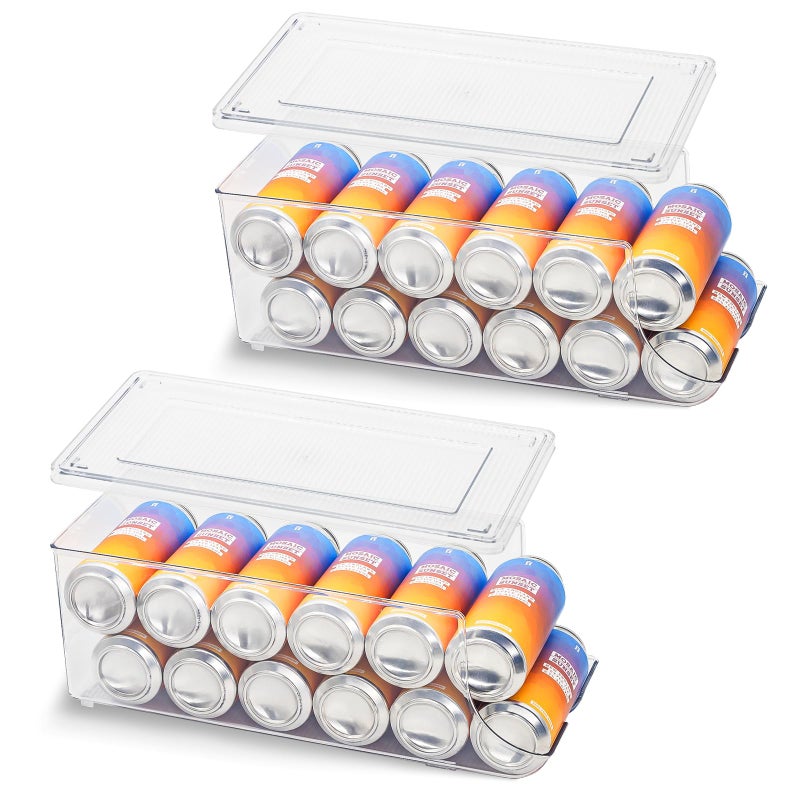 SCAVATA 2 Pack Tall Skinny Can Organizer for Refrigerator Stackable Large Soda Cans of 16oz  17oz Beverage Energy Drink Container Holder Dispenser with Lid for Fridge Clear Storage Plastic Bins