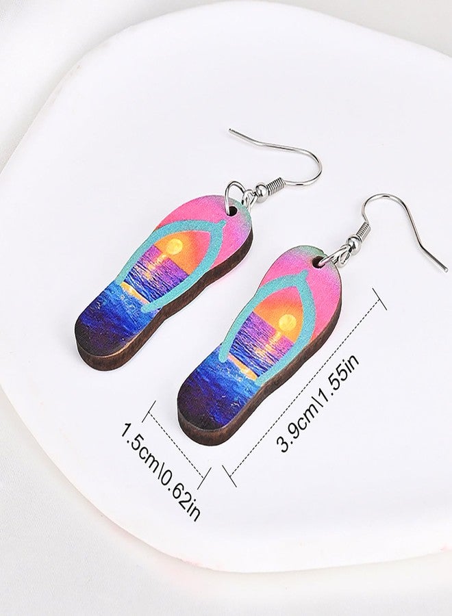 Mintolex Hawaiian Summer Earrings for Women Funny Double-sided Print Wooden Beach Earrings for Luau Beach Hula Party Vocation Lightweight Tropical Flip-flops Shaped Holiday Drop Dangle Earrings Jewelry Gifts, Pink - Image 4