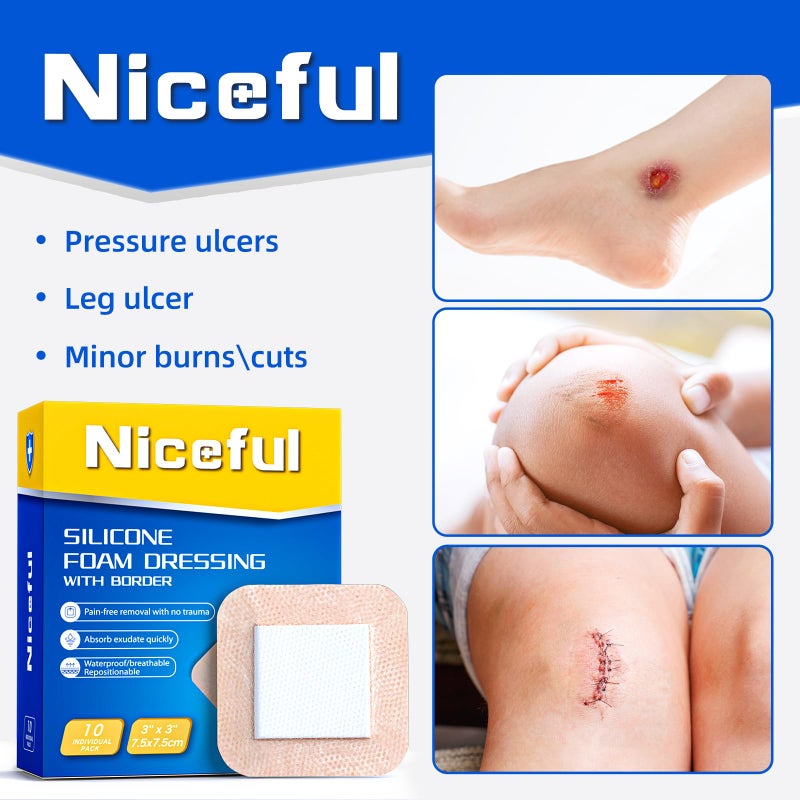 Niceful Ultra Soft Silicone Foam Dressing 3"x3" (10 Pcs)| Large Bandages for Wounds Pressure Sores Post-Surgery - Image 5