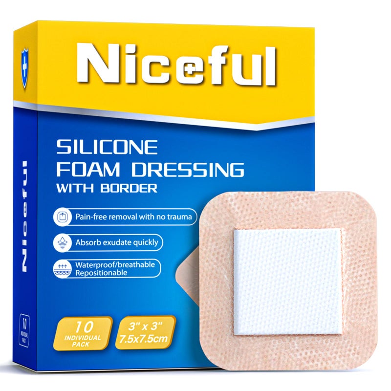 Niceful Ultra Soft Silicone Foam Dressing 3"x3" (10 Pcs)| Large Bandages for Wounds Pressure Sores Post-Surgery - Image 1