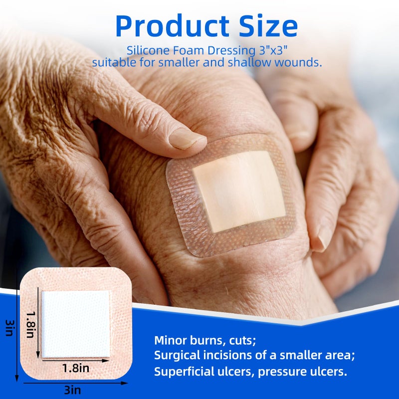 Niceful Ultra Soft Silicone Foam Dressing 3"x3" (10 Pcs)| Large Bandages for Wounds Pressure Sores Post-Surgery - Image 4