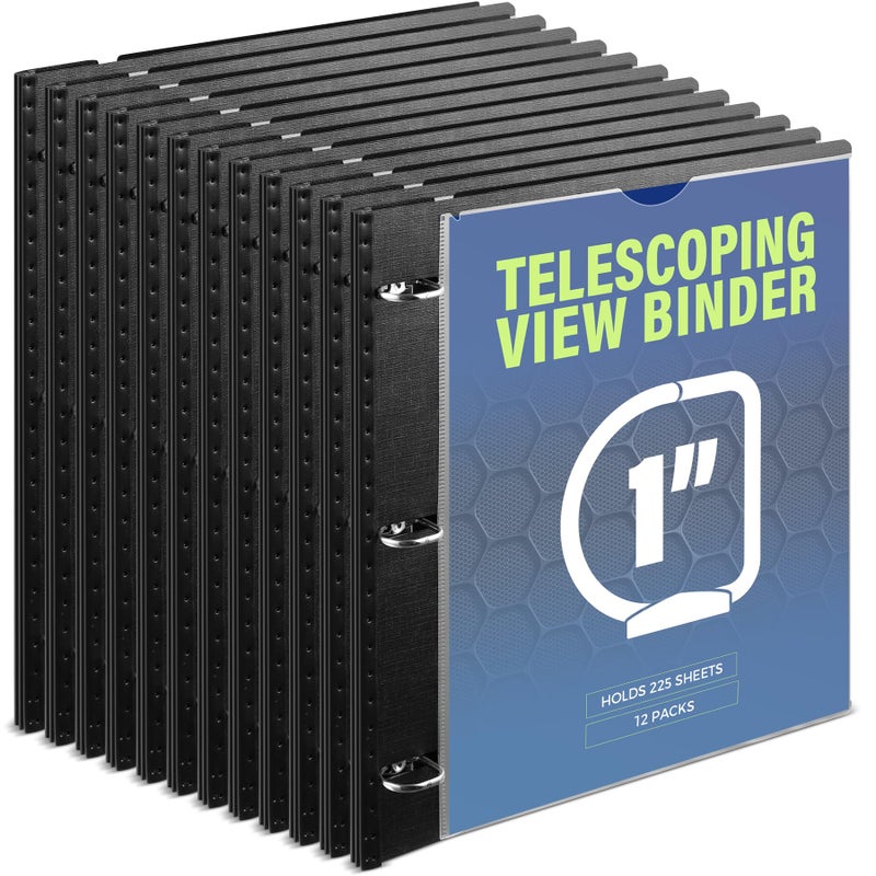 WOT I 12-Pack Telescoping 3 Ring Binder 1 Inch, Expandable Flexible Binder - Patented Design for Easy Portability, Holds 225 Sheets, Perfect for School, Office&Home Organization, Black - Image 1
