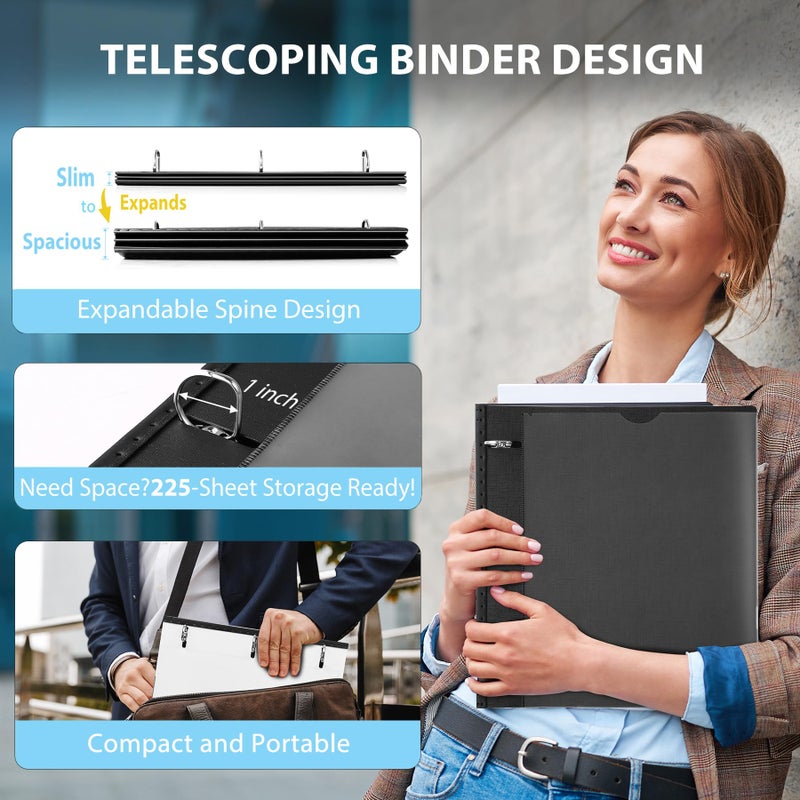 WOT I 12-Pack Telescoping 3 Ring Binder 1 Inch, Expandable Flexible Binder - Patented Design for Easy Portability, Holds 225 Sheets, Perfect for School, Office&Home Organization, Black - Image 2