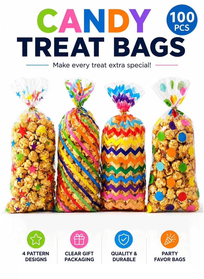 100Pcs Colorful Cellophane Treat Bags with Twist Ties, Star Stripe Dot Printed Plastic Candy Gift Bags, Party Favor Wrapping Bags for Birthday Baby Shower Cookie Chocolate Snack - Image 1