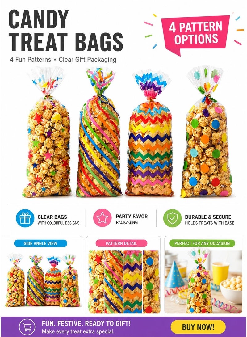 100Pcs Colorful Cellophane Treat Bags with Twist Ties, Star Stripe Dot Printed Plastic Candy Gift Bags, Party Favor Wrapping Bags for Birthday Baby Shower Cookie Chocolate Snack - Image 3