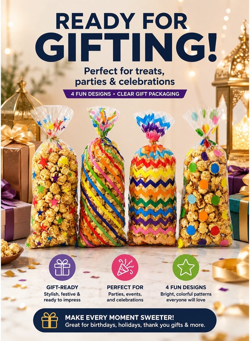 100Pcs Colorful Cellophane Treat Bags with Twist Ties, Star Stripe Dot Printed Plastic Candy Gift Bags, Party Favor Wrapping Bags for Birthday Baby Shower Cookie Chocolate Snack - Image 4