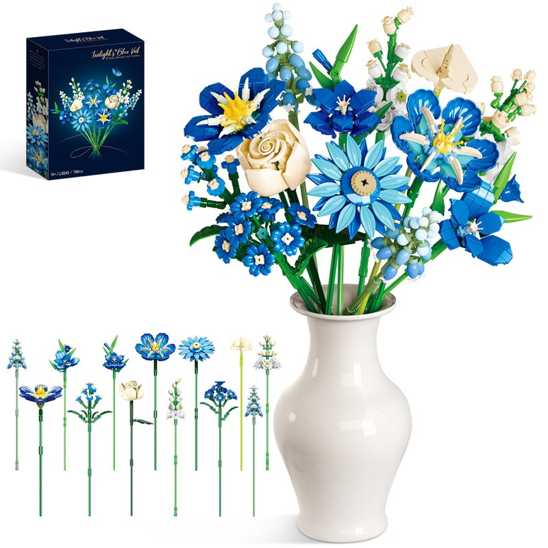 Loyratche Blue Flower Bouquet Building Set Compatible with Lego Flowers for Adults Artificial Botanical Collection Kit for Valentines Day Mothers Gifts Home Room Desk Shelf Decor - Image 3