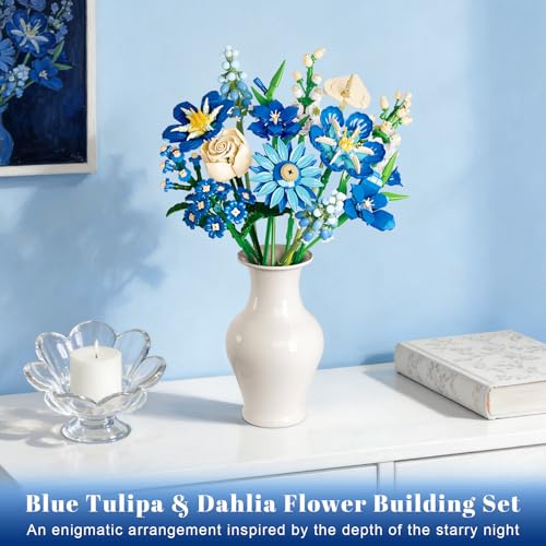 Loyratche Blue Flower Bouquet Building Set Compatible with Lego Flowers for Adults Artificial Botanical Collection Kit for Valentines Day Mothers Gifts Home Room Desk Shelf Decor - Image 5