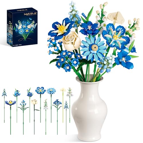 Loyratche Blue Flower Bouquet Building Set Compatible with Lego Flowers for Adults Artificial Botanical Collection Kit for Valentines Day Mothers Gifts Home Room Desk Shelf Decor - Image 1