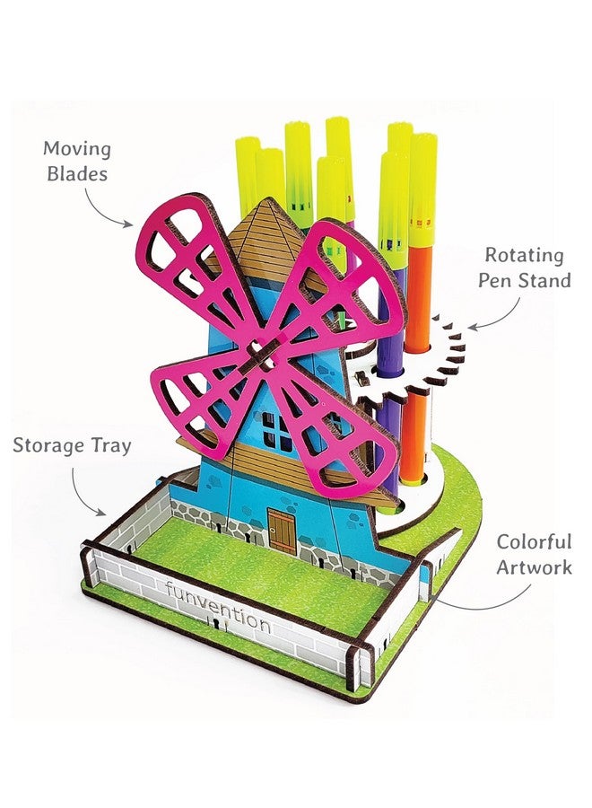 فنفينشين حامل أقلام DIY على شكل طاحونة هوائية من Funvention، منظم مكتب ميكانيكي للأطفال من سن 4 سنوات فما فوق، أحجية ثلاثية الأبعاد، فنون وحرف يدوية - Image 2