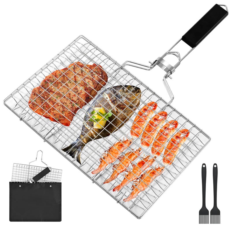 Ribber Fish Grill Basketsï¼ŒFolding Portable Fish Grilling Rack For Grill, BBQ Grilling Basket, Stainless Steel Grill Basket For Veggies, Shrimp, Meat Cookï¼ŒCome With Storage Bag and Two Basting Brush - Image 1