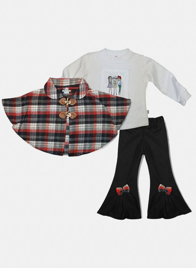 BabyShoora Baby Girl Winter Set (Soft Wool Poncho, Cotton Top & Ripped Cotton Pants) - Image 1